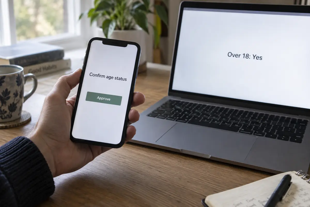 A phone confirms age status while a laptop receives only an over-18 result