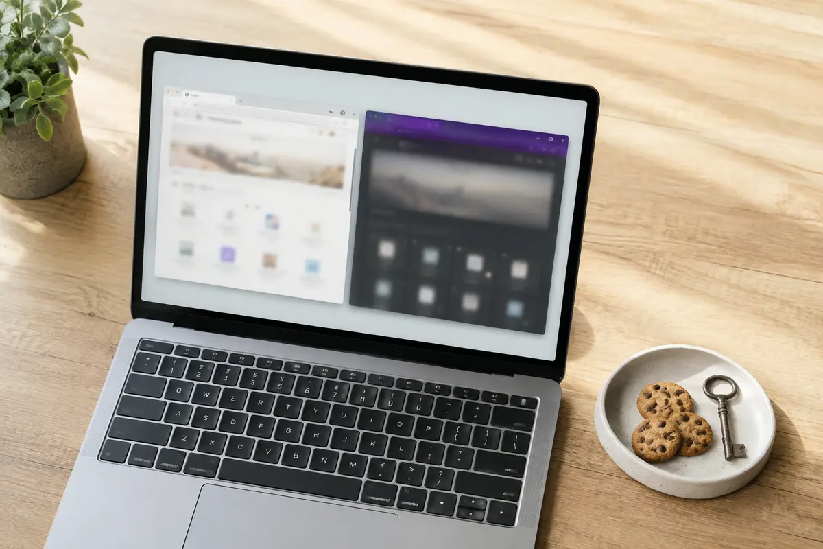 Laptop with separate blurred browser windows representing a fresh session and a carried-over session