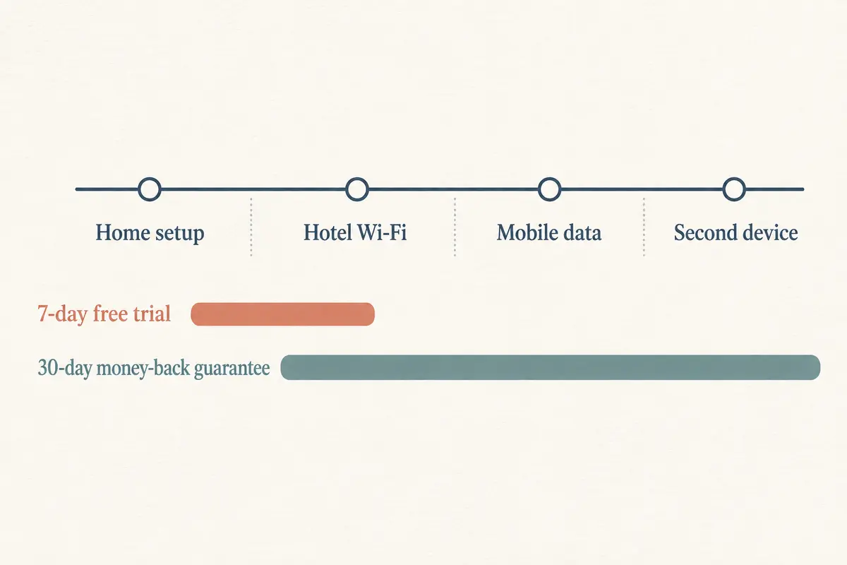 Comparison of a seven-day free trial and a thirty-day money-back guarantee across four real travel testing stages