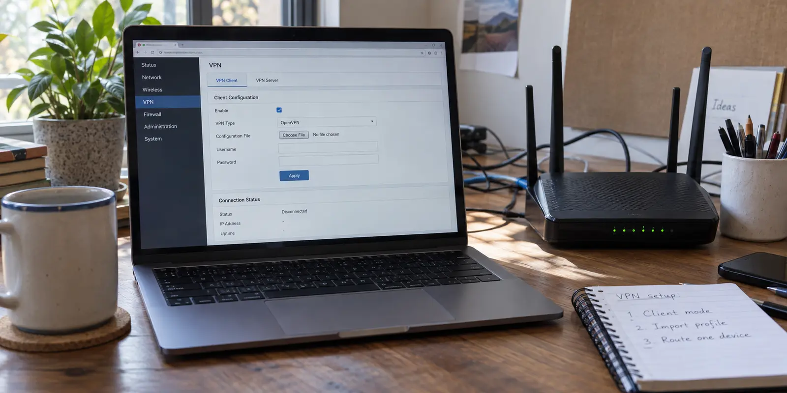 VPN Router Setup: Use Client Mode, Import the VPN Profile, Then Route One Device First