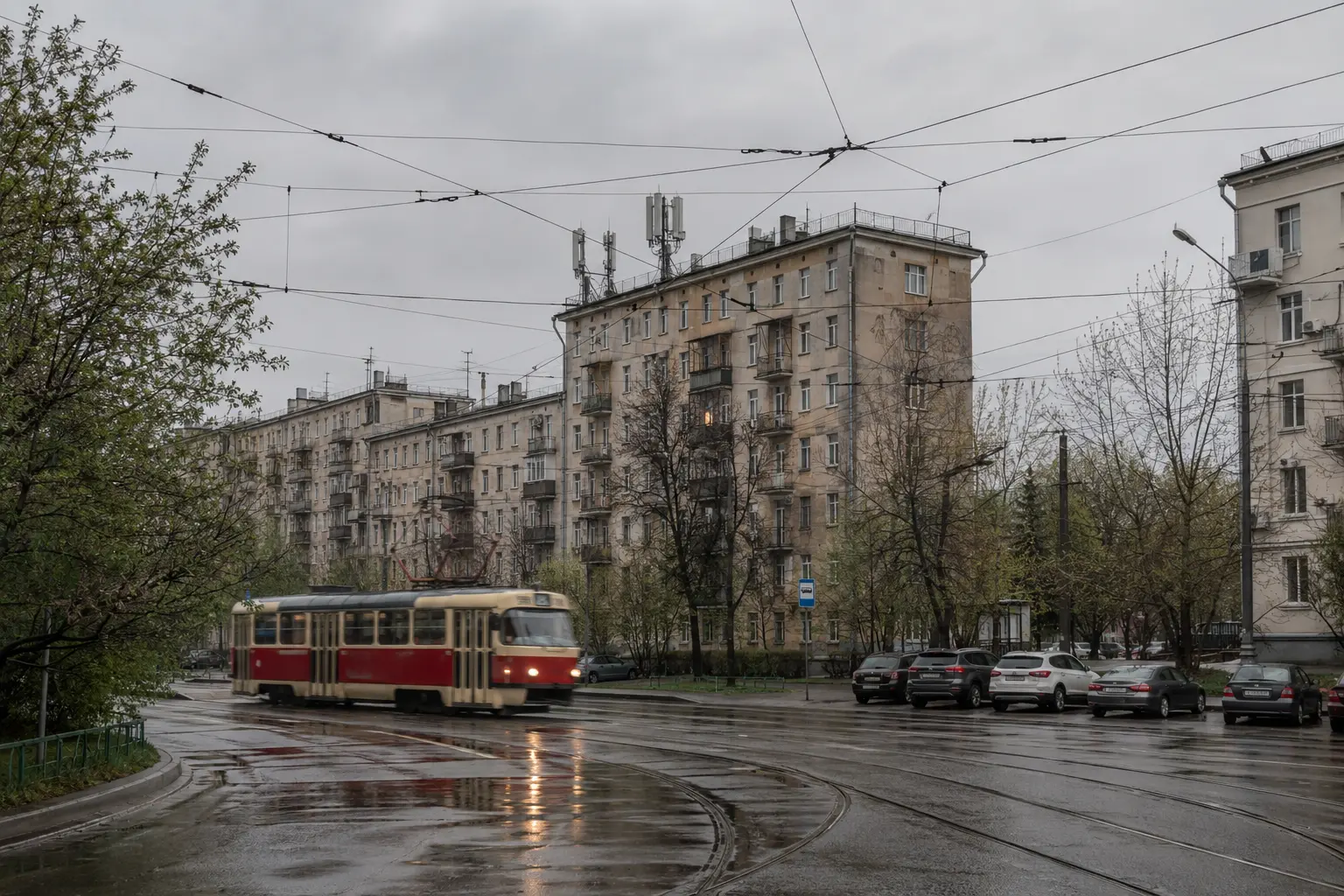 Rainy Moscow street with a tram, overhead wires and rooftop cellular antennas