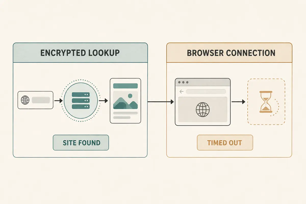 Two-stage diagram showing an encrypted lookup finding a site before the browser connection times out