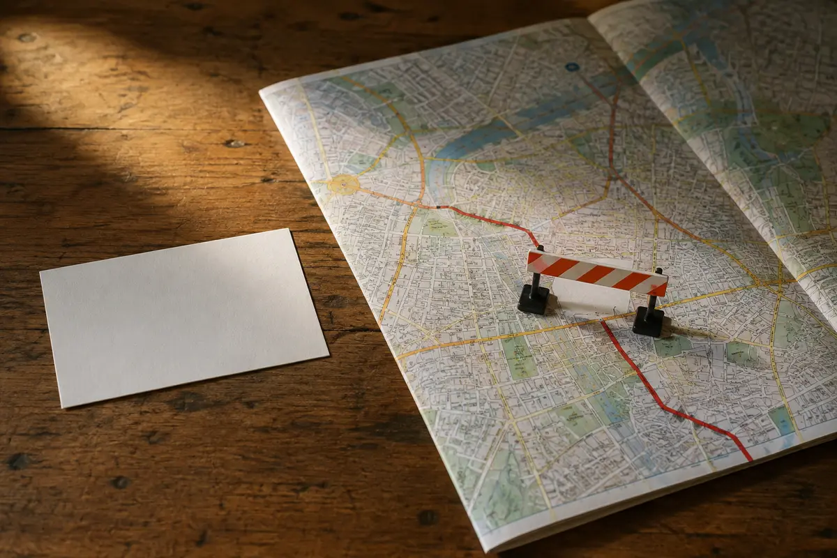 A correct destination card beside a paper map whose route is blocked by a small road barrier