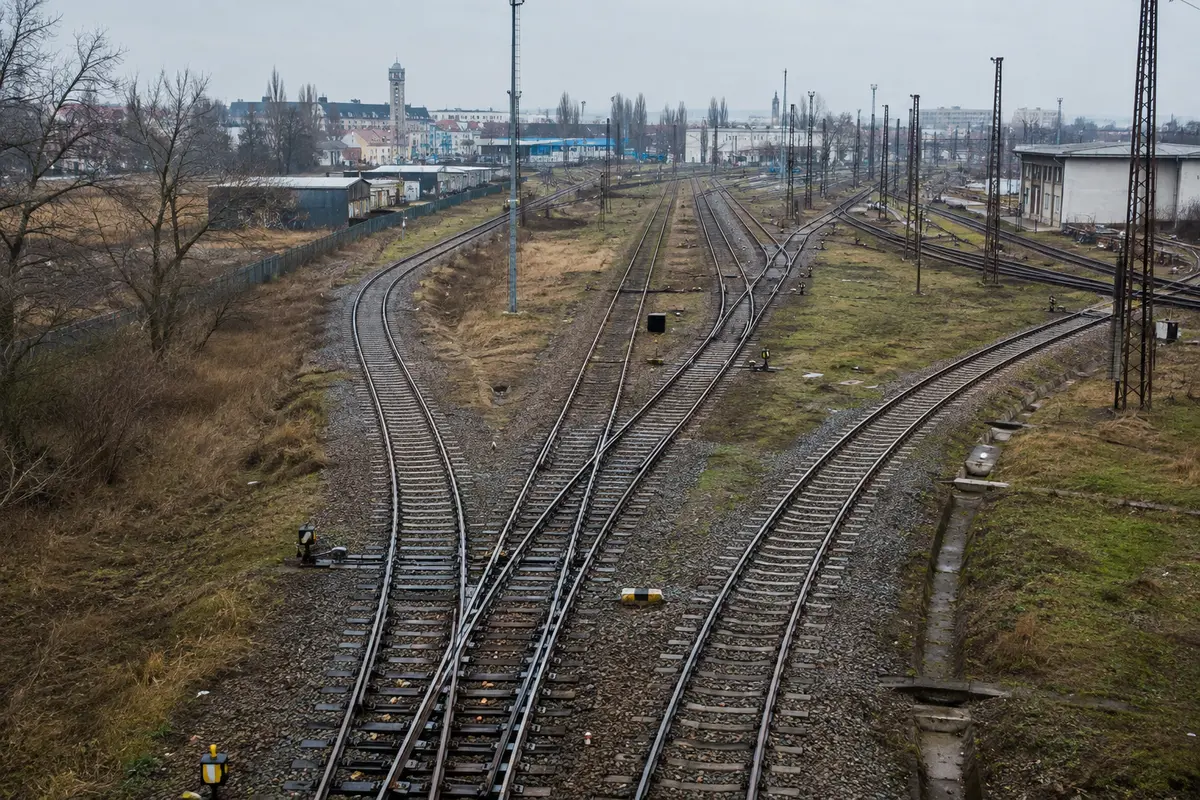 Railway tracks dividing into separate routes at a junction