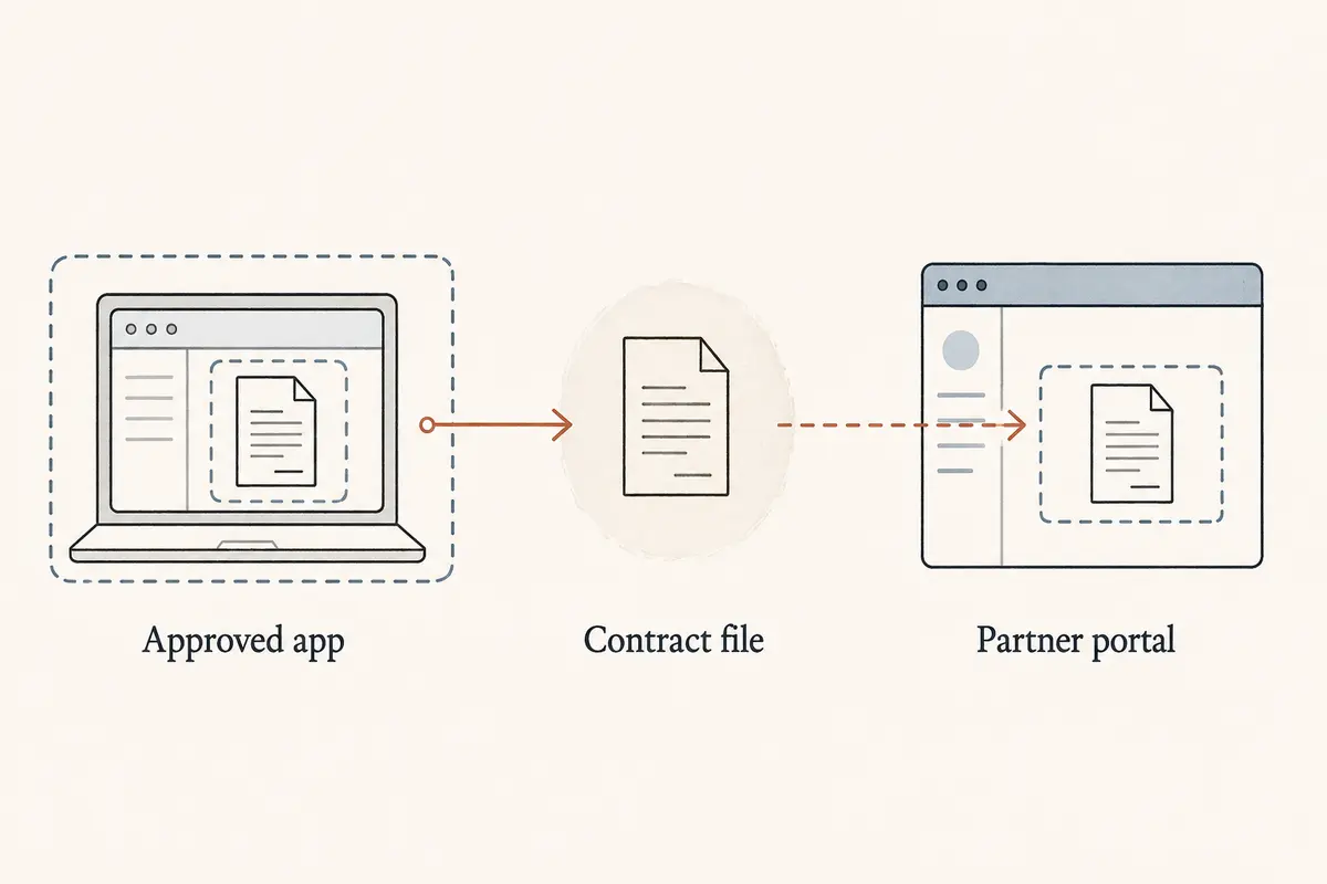 A two-stage handoff from an approved company application through a contract file to a partner portal