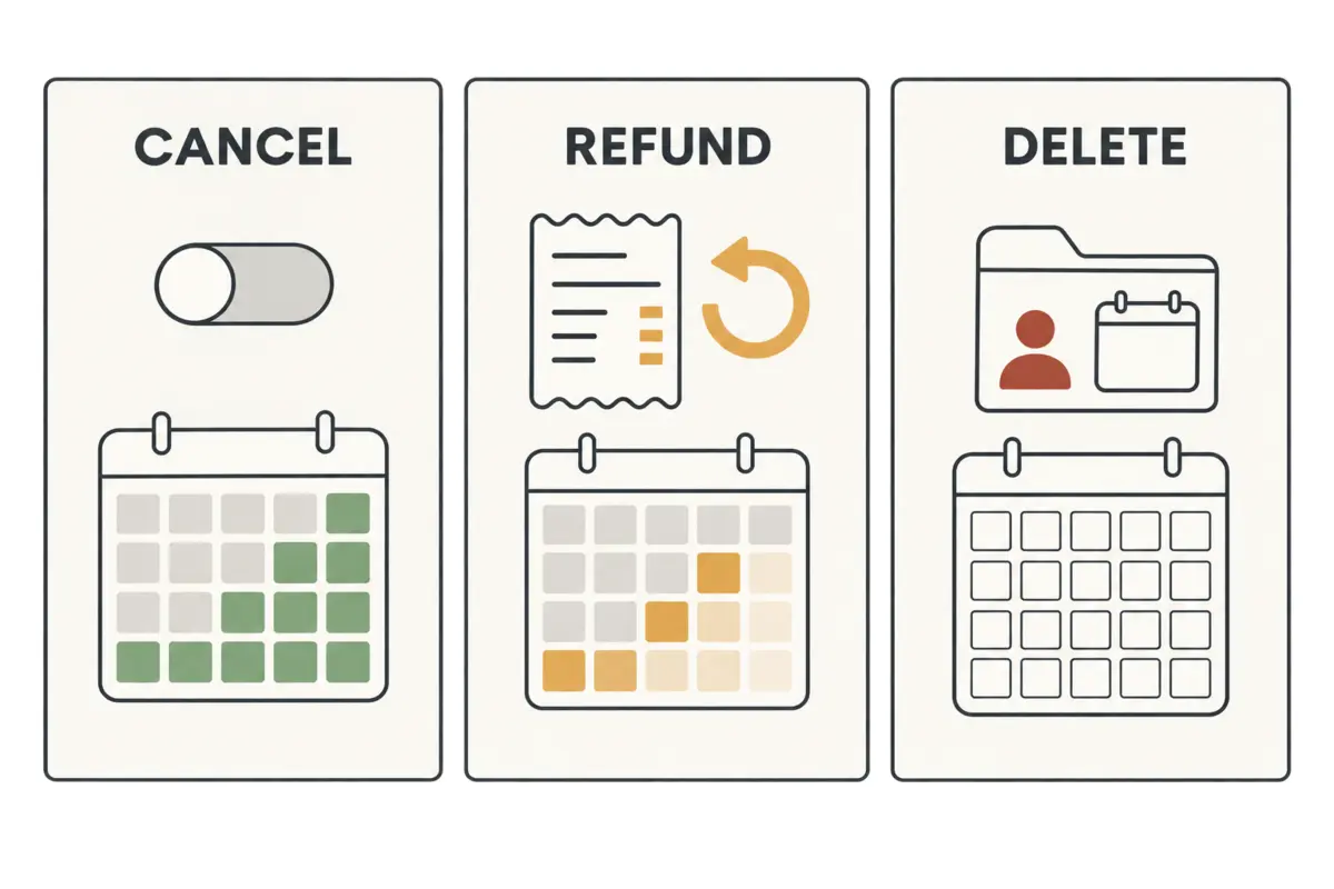 Three-card comparison of cancellation, refund and account deletion effects on remaining VPN access