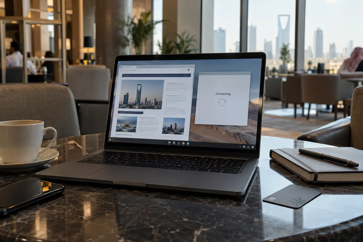 A work laptop in a Riyadh lounge loads the web while its secure connection remains stuck connecting