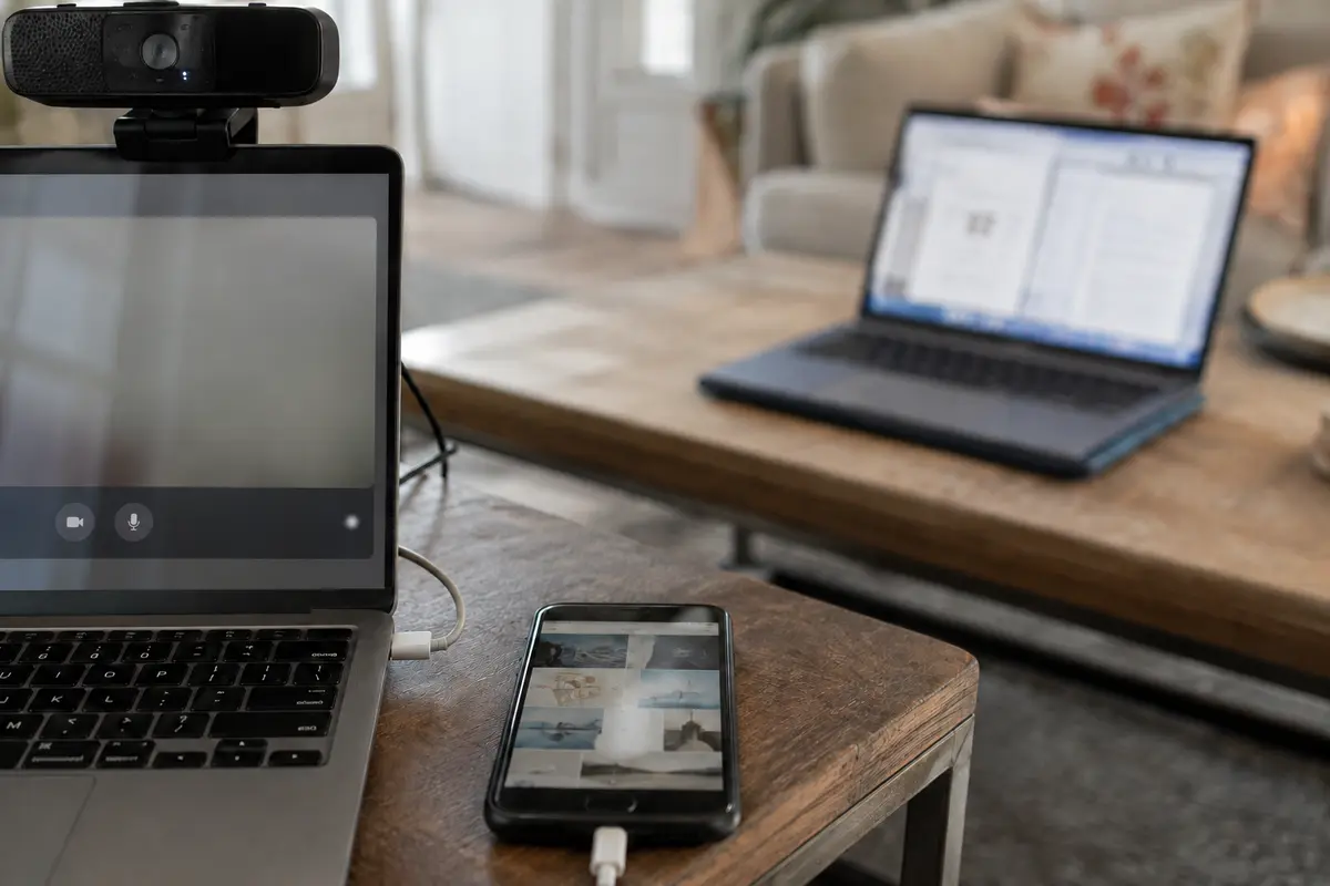 A charged personal laptop prepared for a private call while a separate work laptop remains in the background