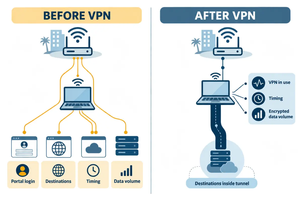 Diagram comparing what hotel Wi-Fi can observe before and after a VPN connects.