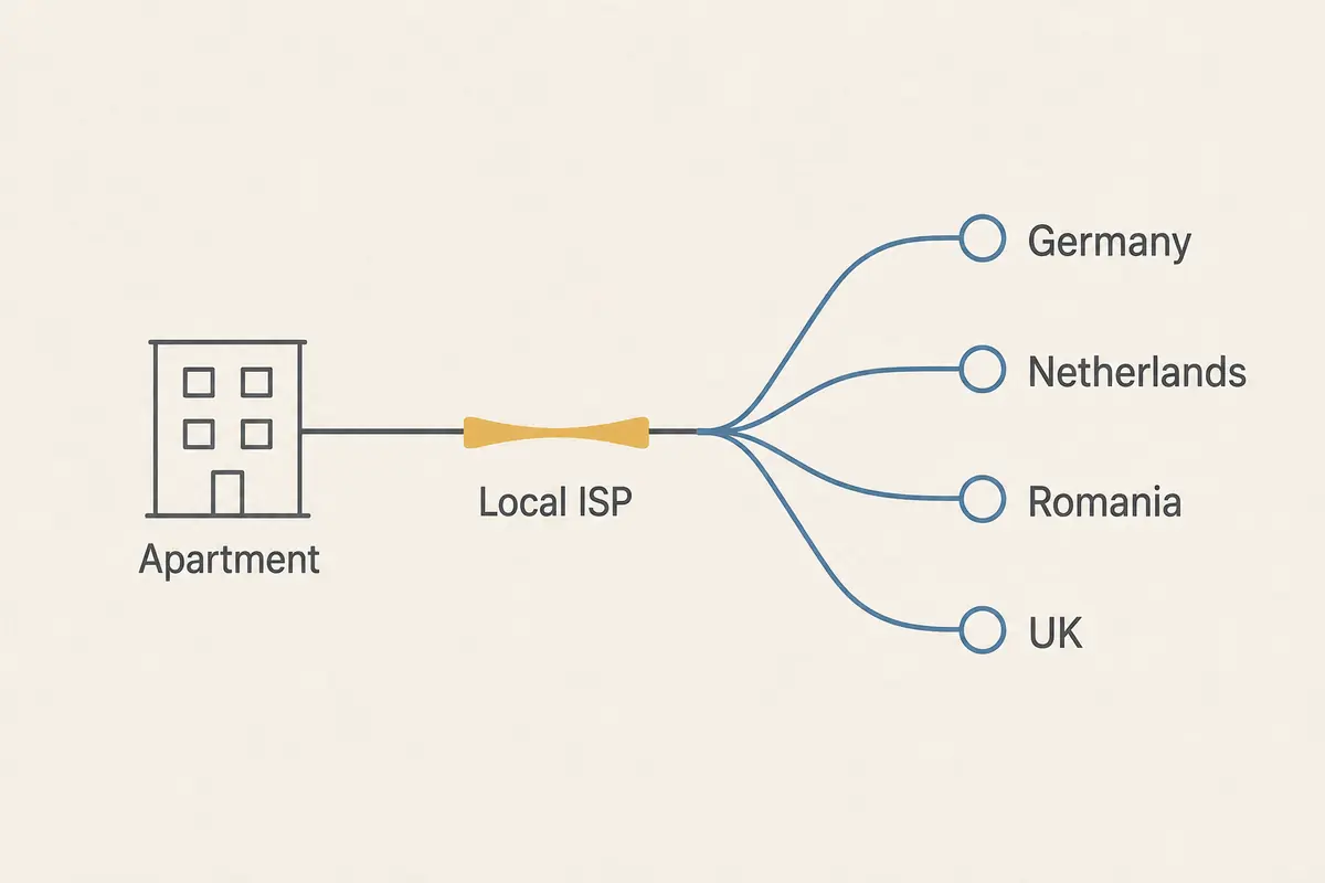 Diagram showing one constrained local ISP connection branching to VPN destinations in Germany, the Netherlands, Romania and the United Kingdom