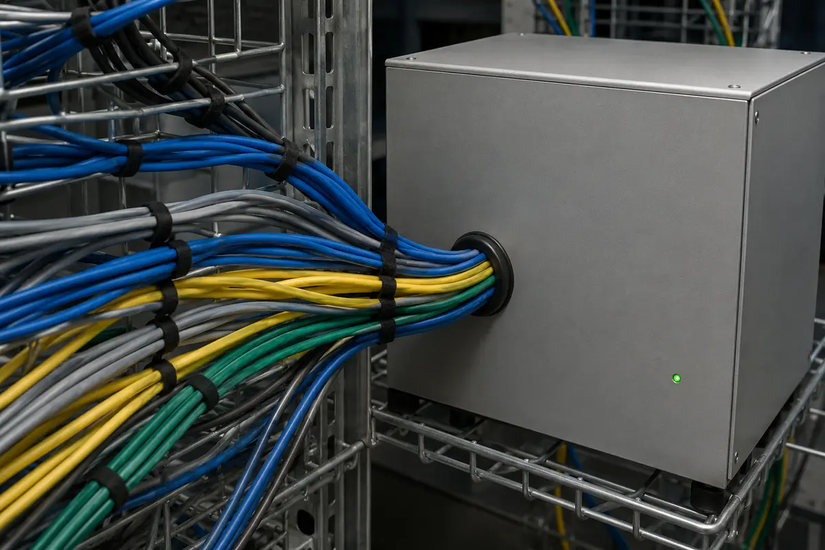 Many network cables converging into one shared unbranded aggregation enclosure