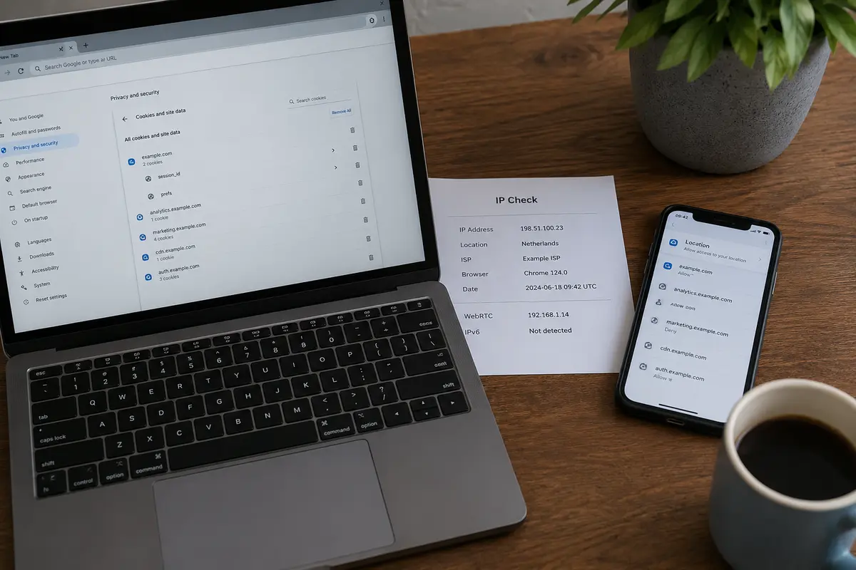 A laptop with site data and IP checks beside a phone reviewing location permissions