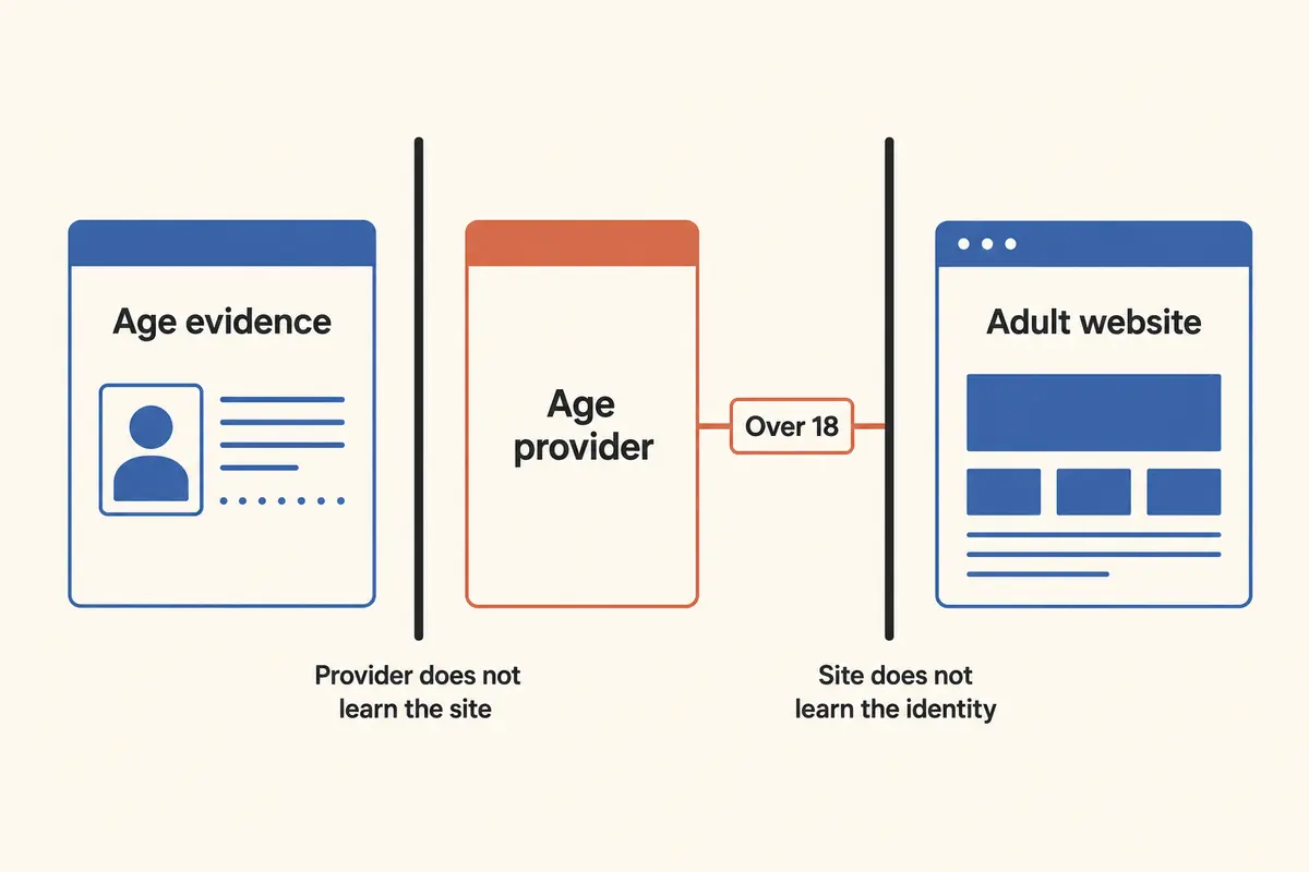 Diagram of France's double-anonymity model separating age evidence, the age provider, and the adult website