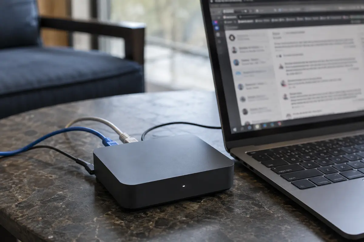 A compact network device beside a laptop running a regular browser session