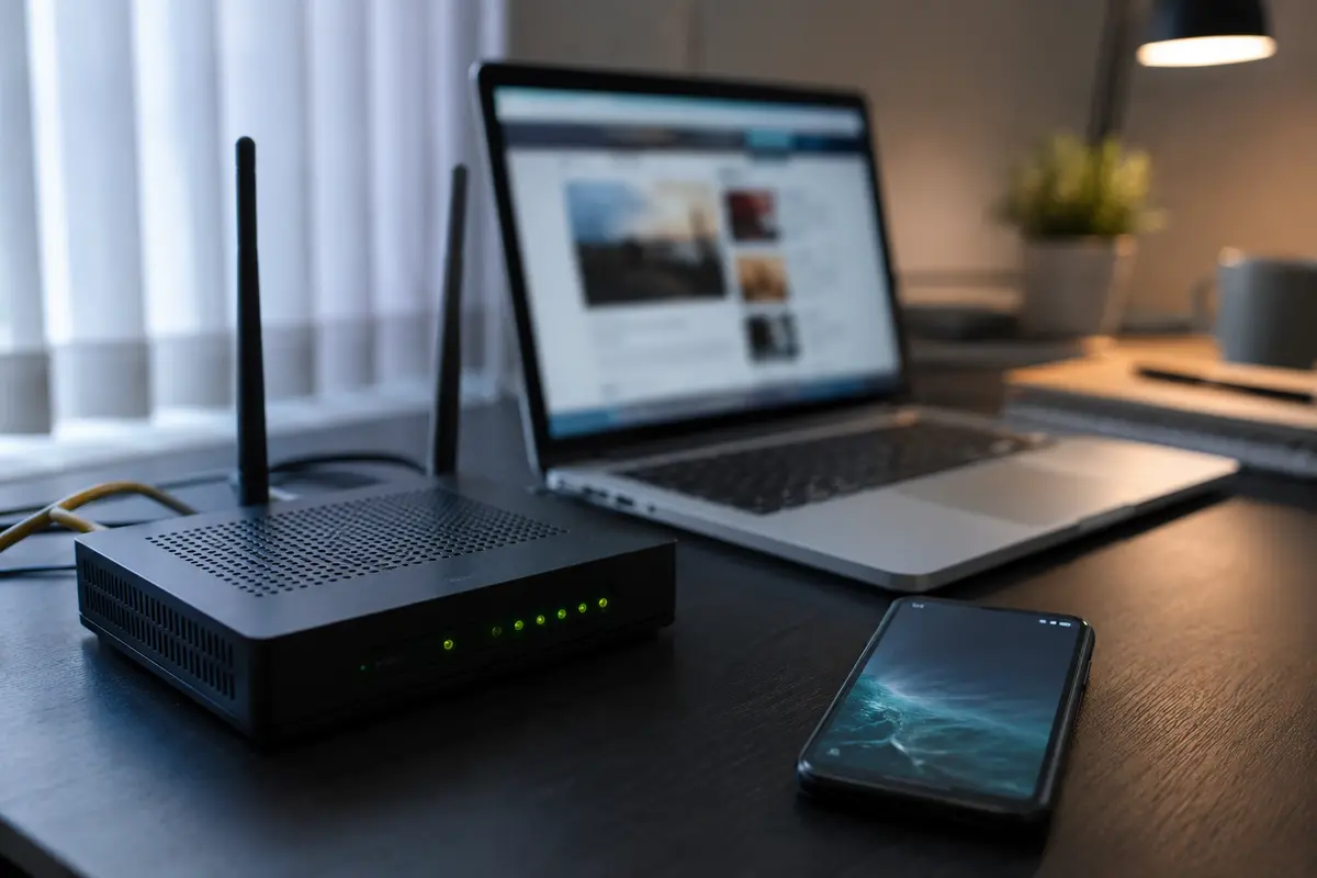 Laptop, home router and phone illustrating continuity during a Wi-Fi to mobile handoff