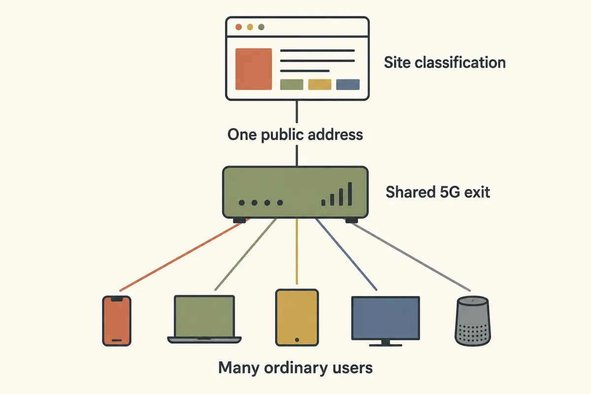 Diagram showing many ordinary users sharing one 5G public address that a site classifies