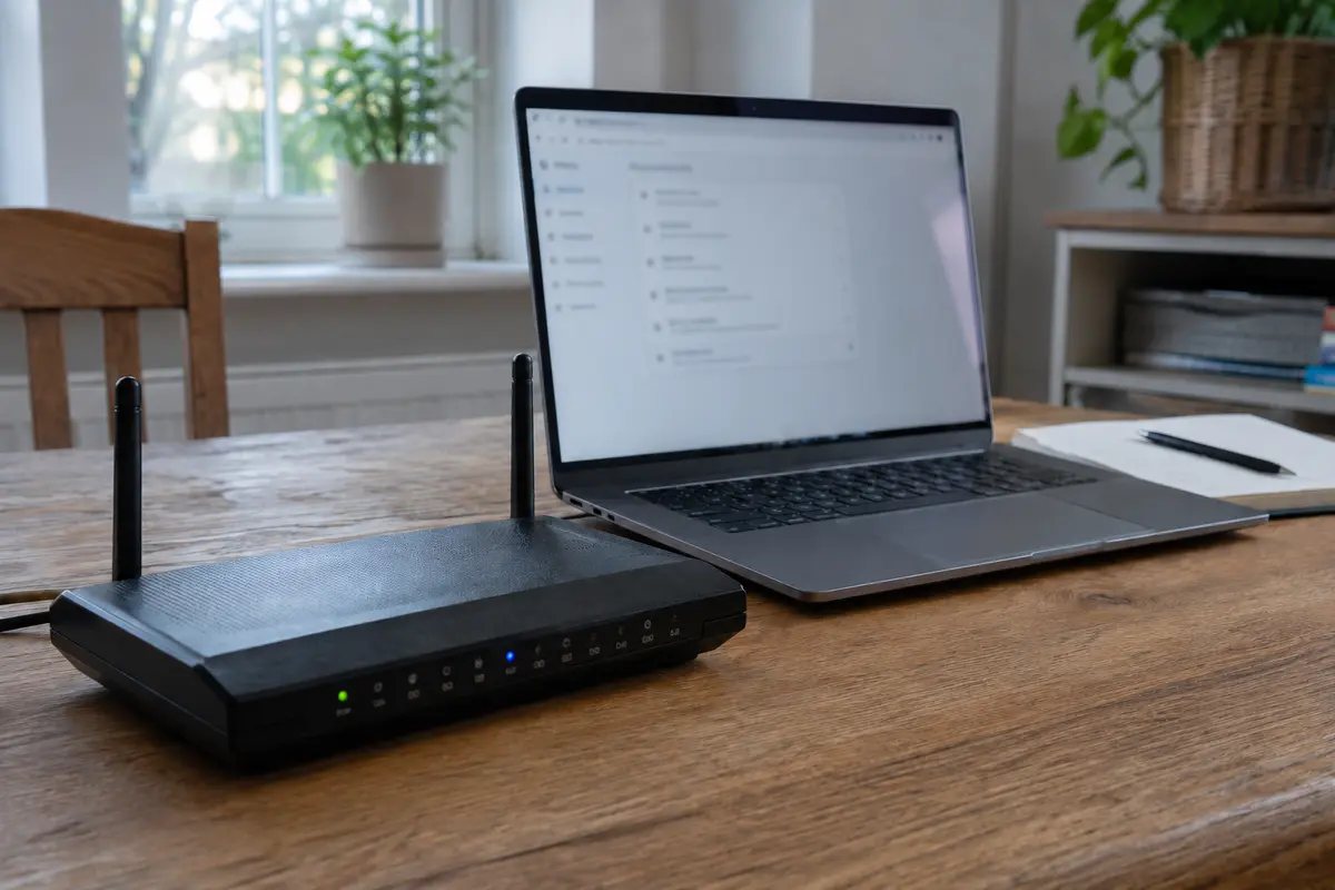 A home router beside a laptop open to browser privacy and site-data settings