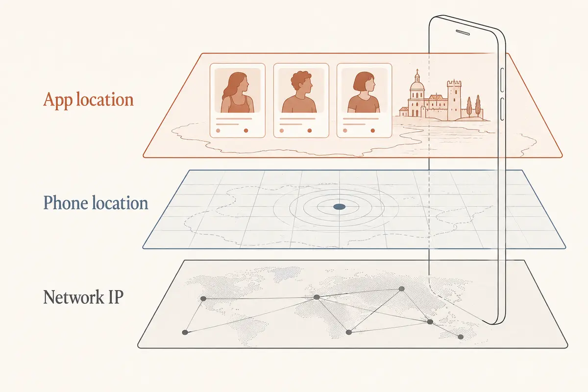 A vertical stack separating app location, phone location, and network IP on one device
