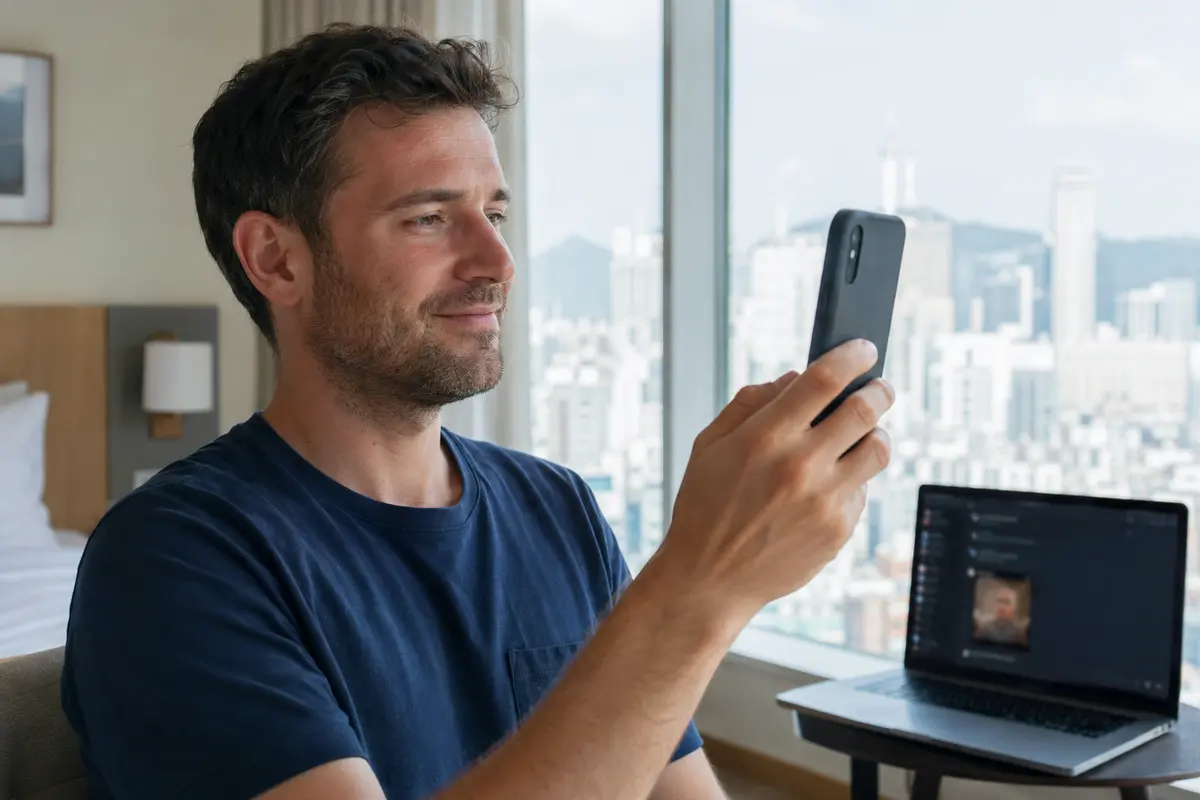Traveler completing facial age verification by a bright Seoul hotel window while a restricted chat channel remains open on a laptop.