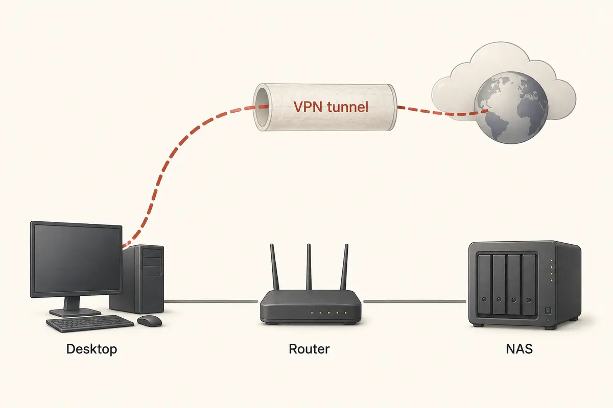 Diagram showing a desktop's local NAS request being diverted into a VPN tunnel