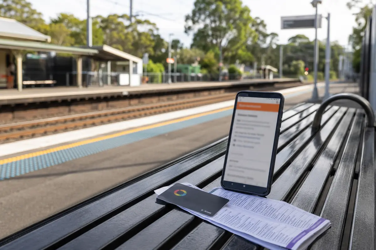 A phone showing a public transport update on an Australian station bench