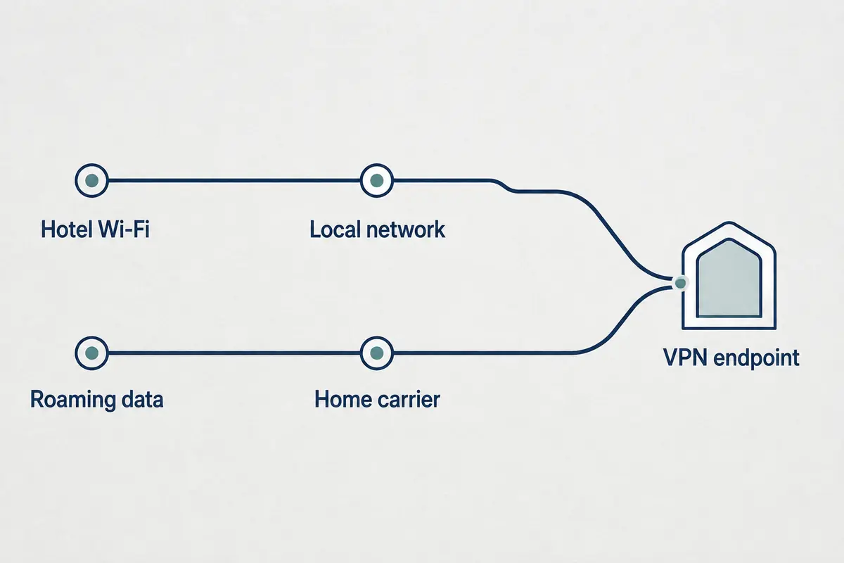 Two different network paths from hotel Wi-Fi and roaming data to the same VPN endpoint