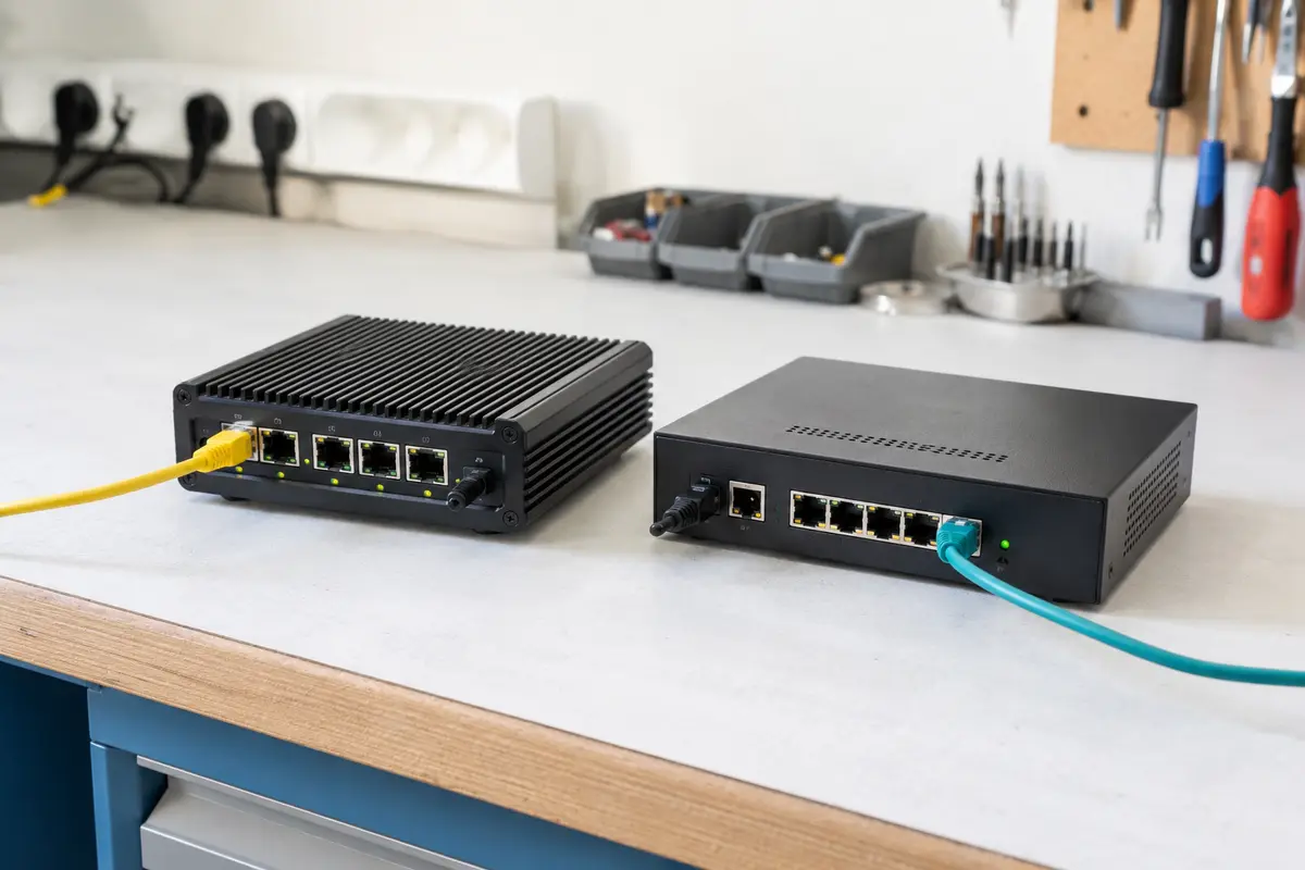 Two separately connected network appliances on a bright maintenance bench