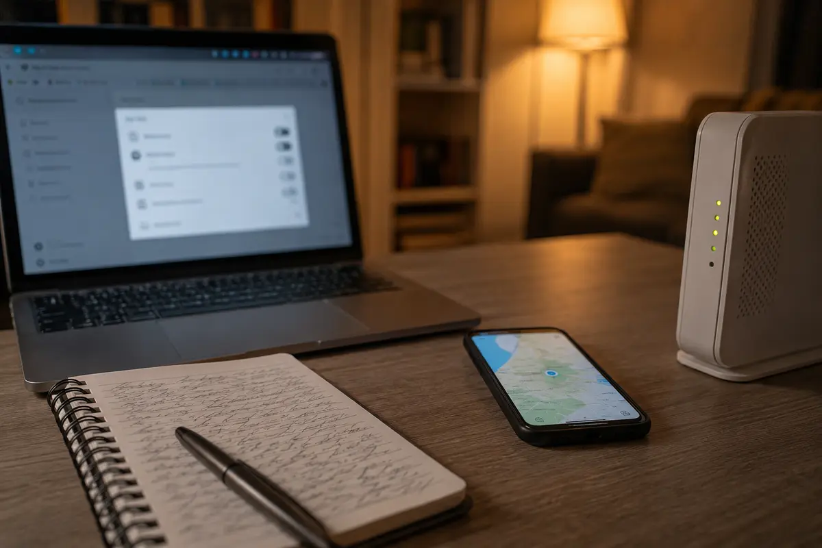 Laptop, phone, notebook and modem arranged as separate browser, device and network clues