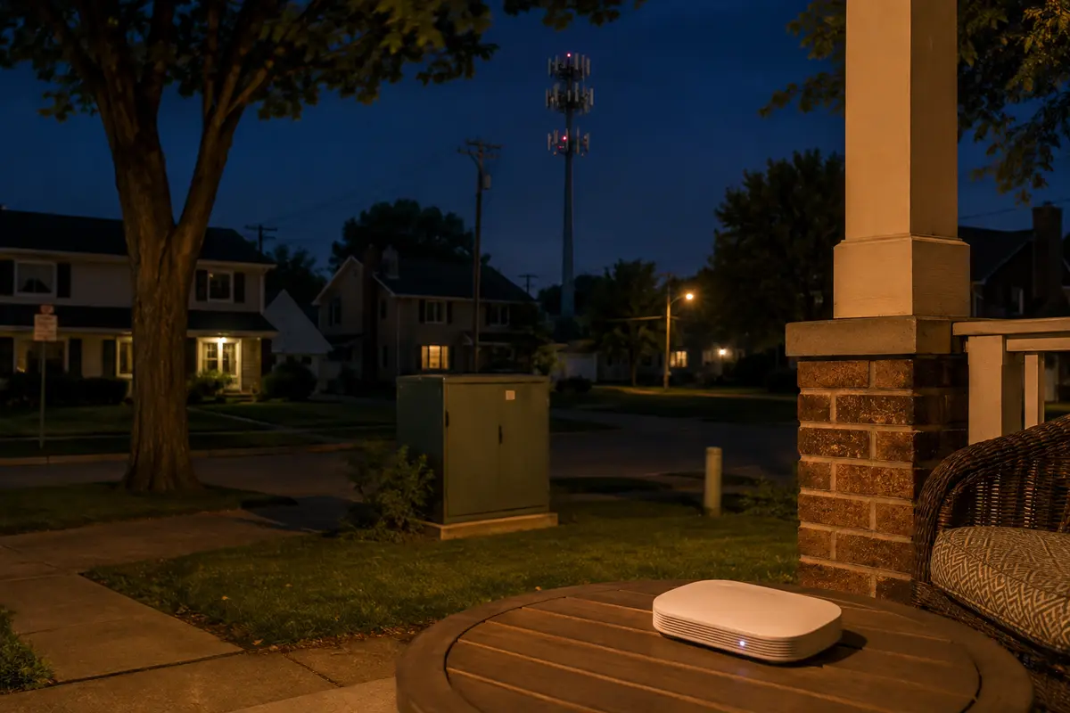 A suburban street, network cabinet and cell tower frame the wider route behind a home connection.