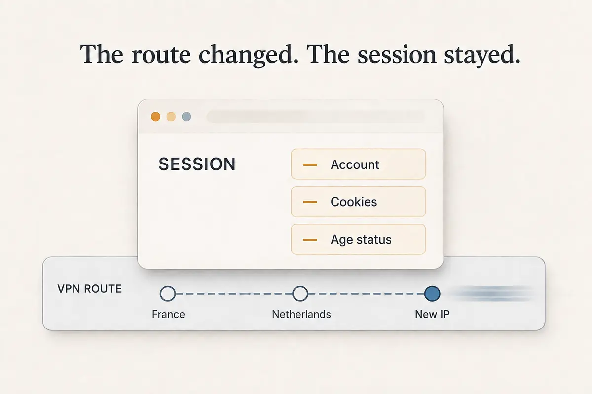 A diagram showing that account, cookie and age-status signals can remain while the VPN route changes