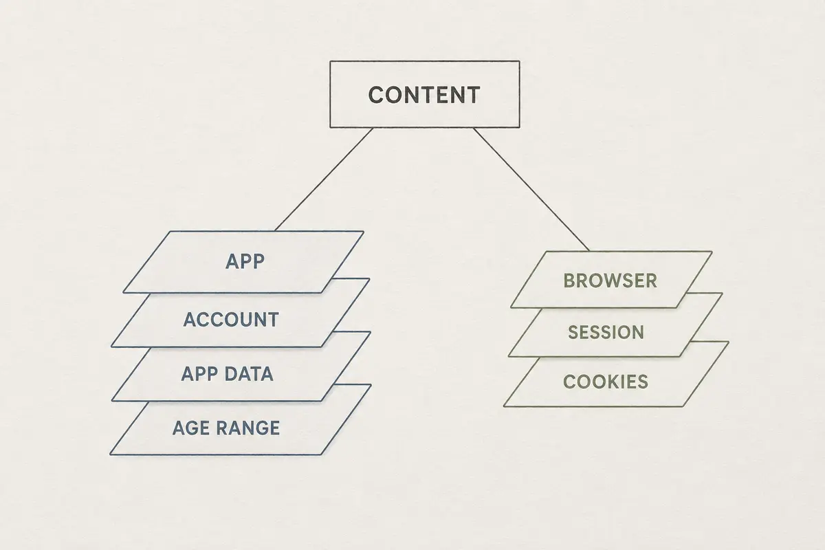 Diagram comparing the account and age data available to an app with the separate session data available to a browser