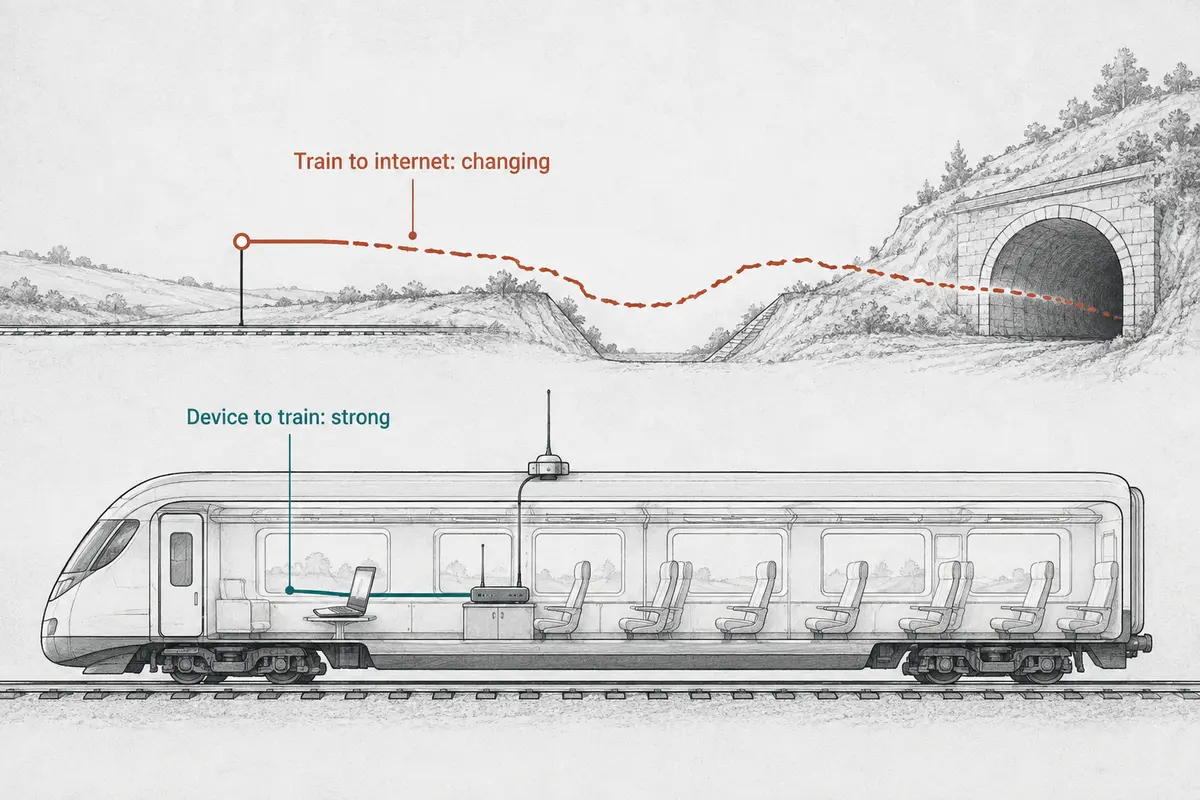 A train cutaway separates the strong device-to-carriage link from the changing outside internet link