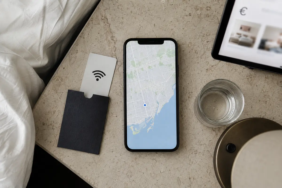 A Toronto location map beside a hotel Wi-Fi card and a laptop showing euro pricing