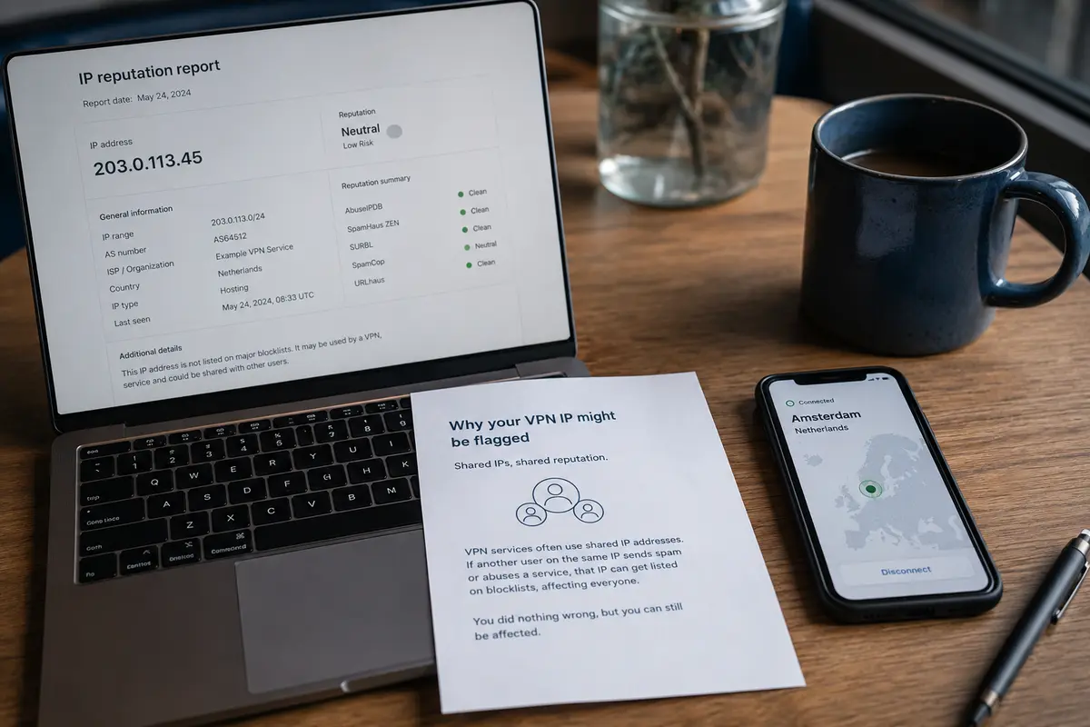 An IP reputation report, VPN exit location, and note explaining how shared addresses inherit reputation