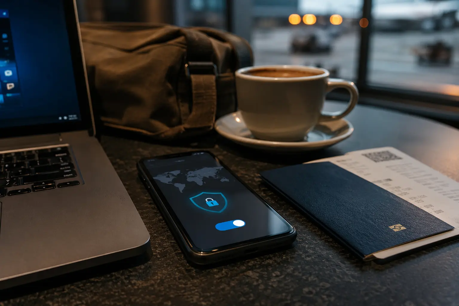 Laptop and phone on an airport table with security alerts and travel documents nearby
