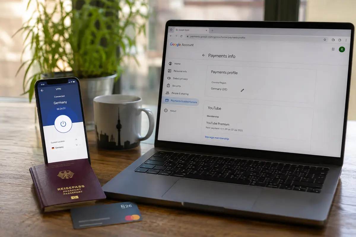 A laptop showing a Germany payment profile beside a phone connected to a stable Germany VPN location