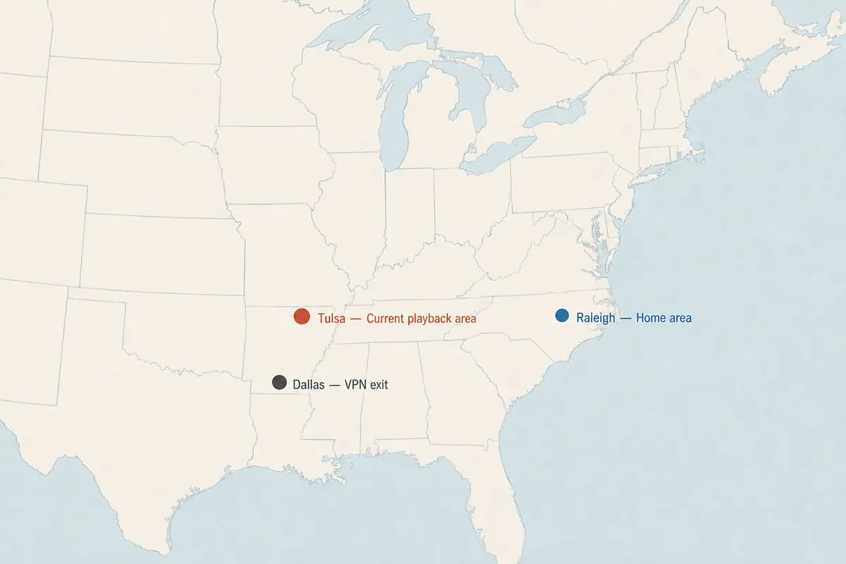 Map distinguishing Raleigh as the home area, Tulsa as the current playback area, and Dallas as the VPN exit